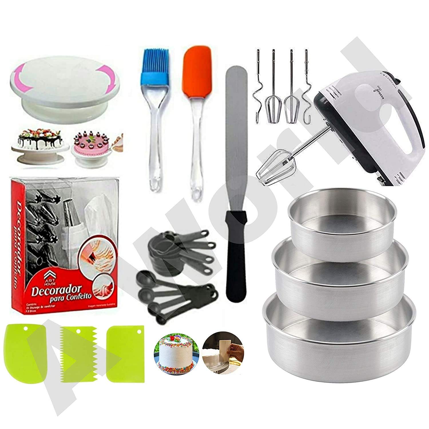 MARGI ENTERPRISE Cake Making Supplies Cake Turntable, Nozzle Set, Measuring Cup & Spoon, Scraper 3 in 1 Aluminium Round Cake Moulds/Pan, Stainless Steel Pallet Knife and 7 Speed Hand Mixer