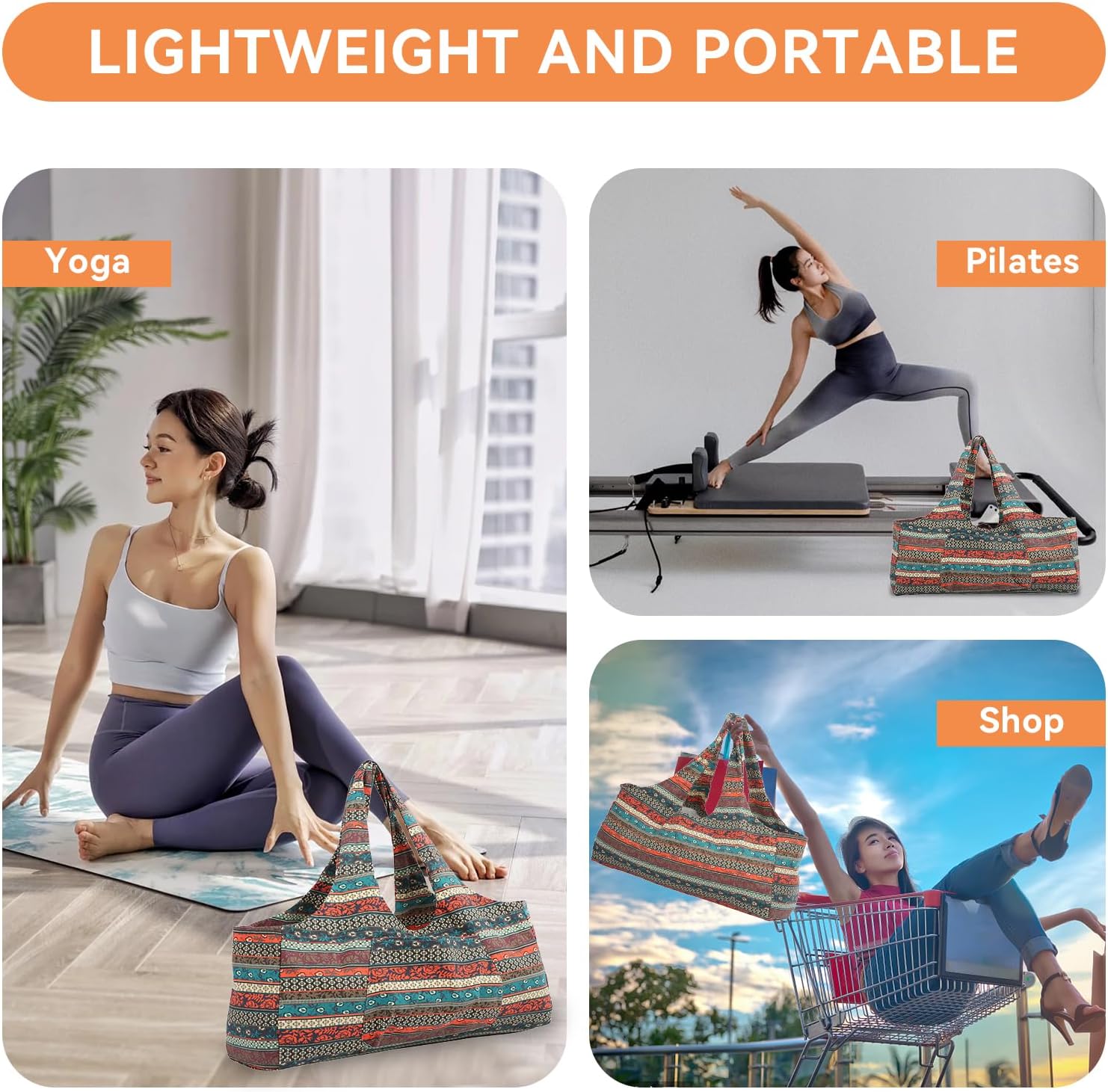 Large Yoga Mat Bag, Patterned Canvas Yoga Mat Bag Large Tote Sling Carrier with Pockets Travel Gym Duffle for Pilates Office Beach Workout - Image 6