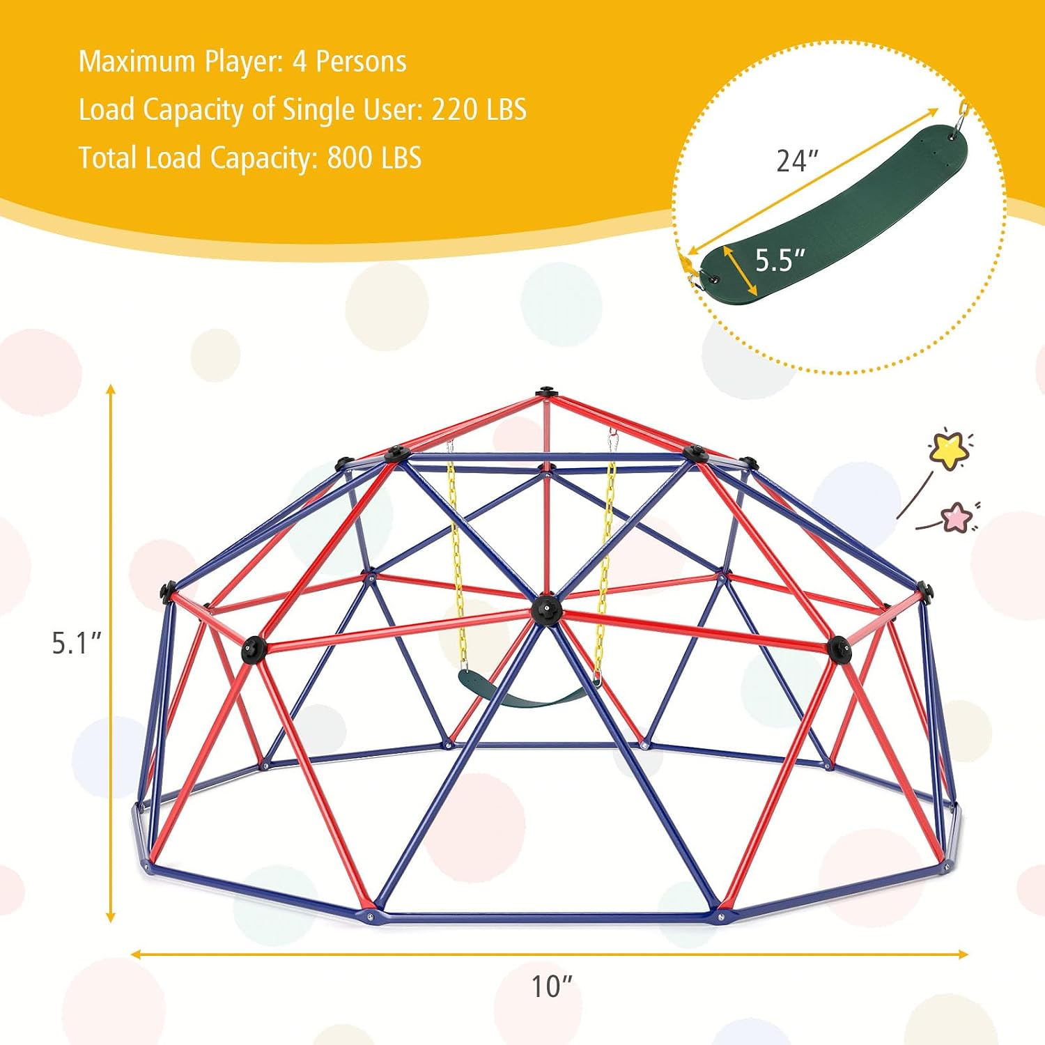 Costzon Climbing Dome with Swing, 10FT Kids Jungle Gym Monkey Bar Climbing Toys for Outdoor, Holds up to 800 lbs, Indoor Geometric Dome Climber Playground Set for Boys Girls 3-8 Backyard Gift Present