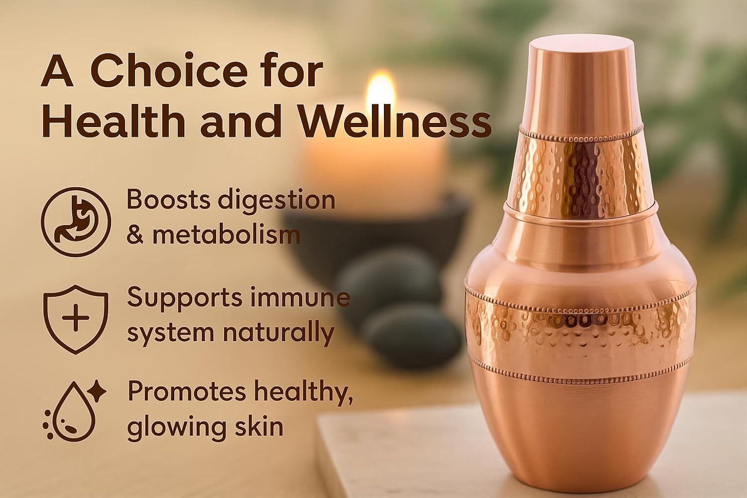 Pure Copper Water Carafe with Tumbler – 1.4L (47.3 oz) Bedside Copper Flask for Drinking Water, Ayurveda Health Benefits
