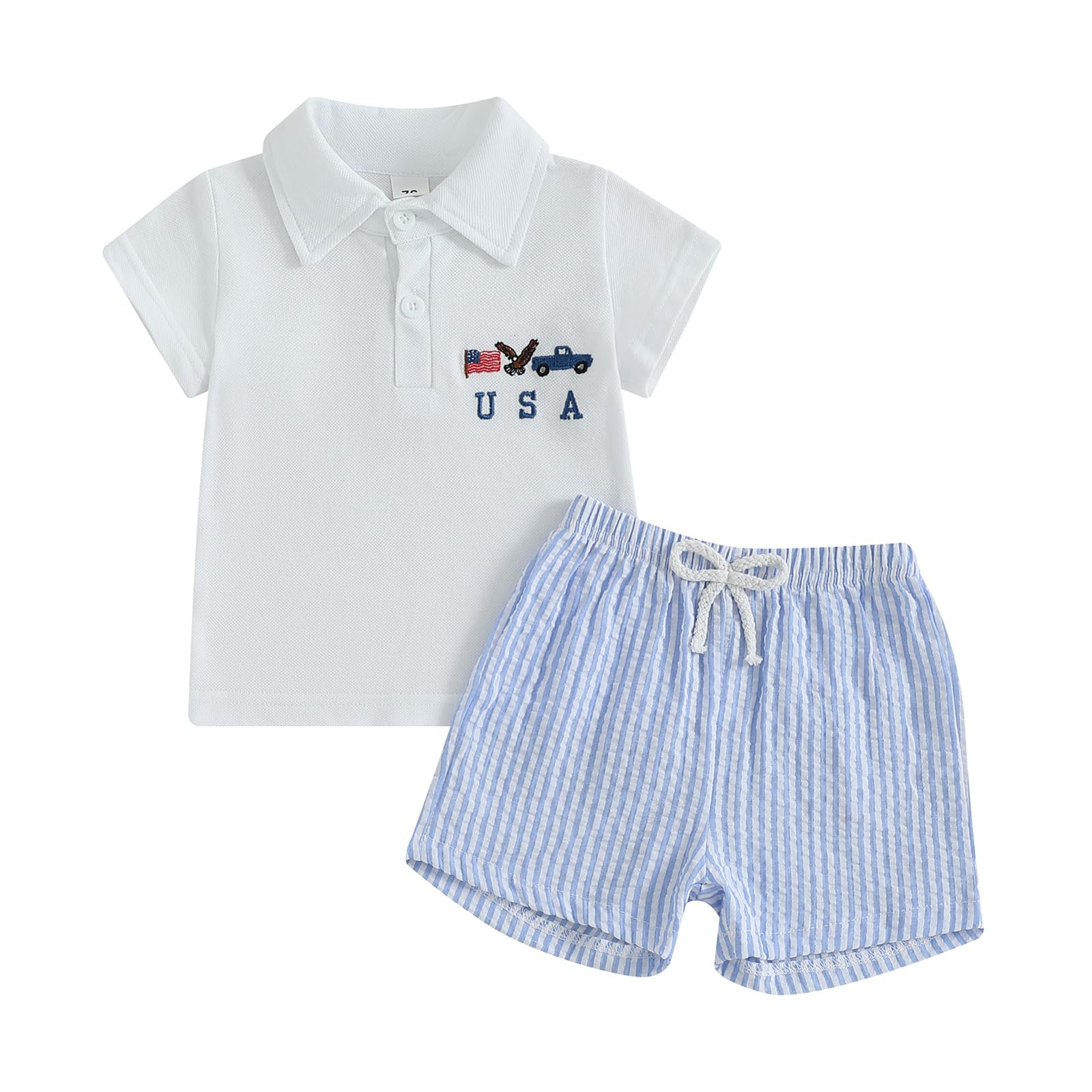 Gaono Baby Boy Summer Clothes Toddler 4th Of July Outfit Short Sleeve Button Up Polo Shirt Plaid Shorts Patriotic Set (F-Blue, 2-3T)