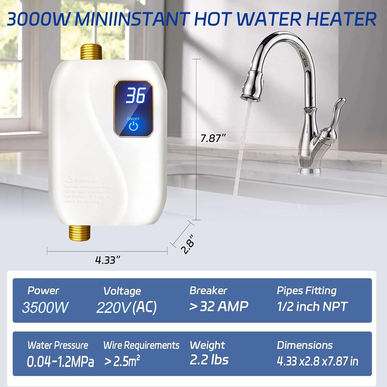 Chauffe-Eau Électrique Sans Réservoir 3500W,220V Chauffe-Eau Électrique Sous Évier, Avec Écran Numérique,Ballon Eau Chaude,Pour Cuisine,Salle De Bain,Économe Et Sûr (Blanc)