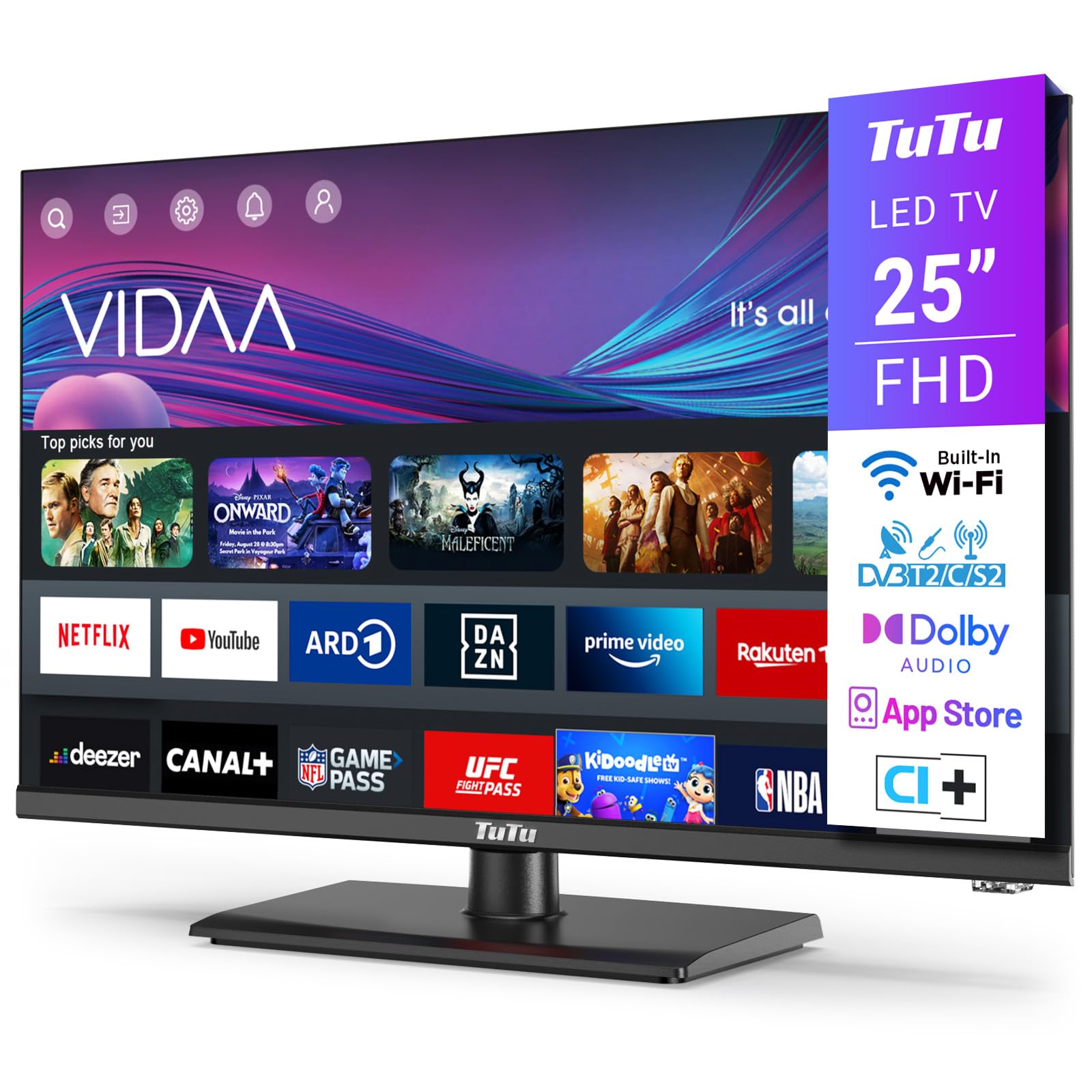 TuTu Smart TV 25 Pollici (64 cm) Full HD LED Televisori con Wi-Fi, Triplo Tuner (DVB-T/T2, DVB-C, DVB-S/S2), App Store, HDMI, USB, Modalità hotel, Piede Centrale (TUV25FQ1BC, 2024)