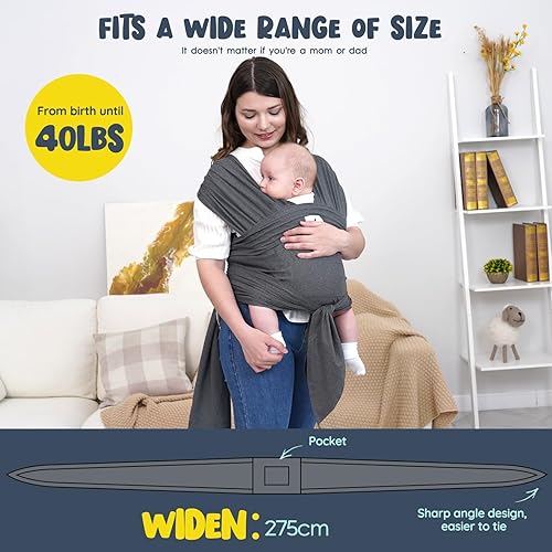 Miniatura 3 de -Portabebés - Portabebés recién nacido a niño pequeño, fácil de envolver recién nacido, tamaño grande, manos libres, anillos de ajuste rápido,