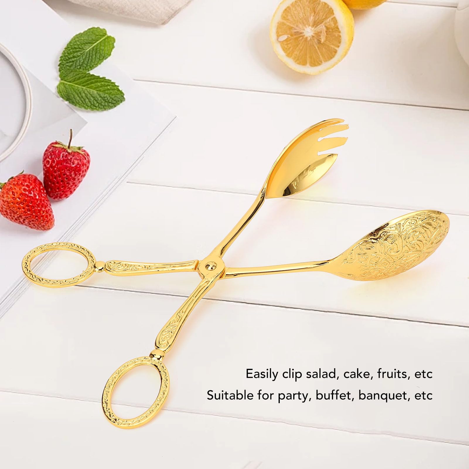 Salad Tongs, Zinc Alloy Buffet Tongs European Style Salad Scissor Tongs, Salad Tongs for Serving, Multifunctional Small Serving Tongs for Home Kitchen, Cake, Bread, Party, (Golden)