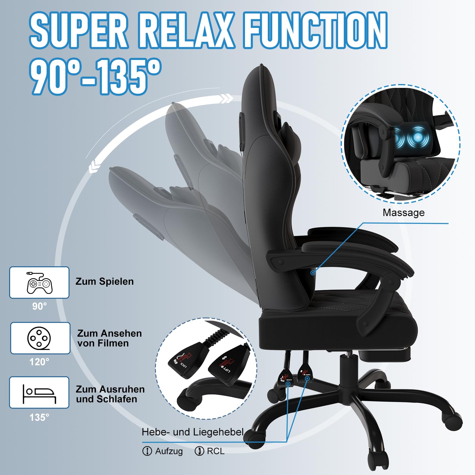 JUMMICO Gaming Stuhl Stoff mit Federpolsterung, Ergonomischer Bürostuhl mit Massager. Gaming Chair mit Kopfstütze, Fußstütze, Höhenverstellbar. Gamer Stuhl 150 kg belastbarkeit, Schwarz