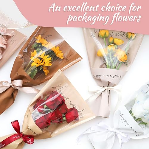 Miniatura 4 de Harloon 100 bolsas de regalo de flores de 11 x 5.1 x 17.3 pulgadas, fundas de flores de papel kraft para ramos, papel de regalo de flores