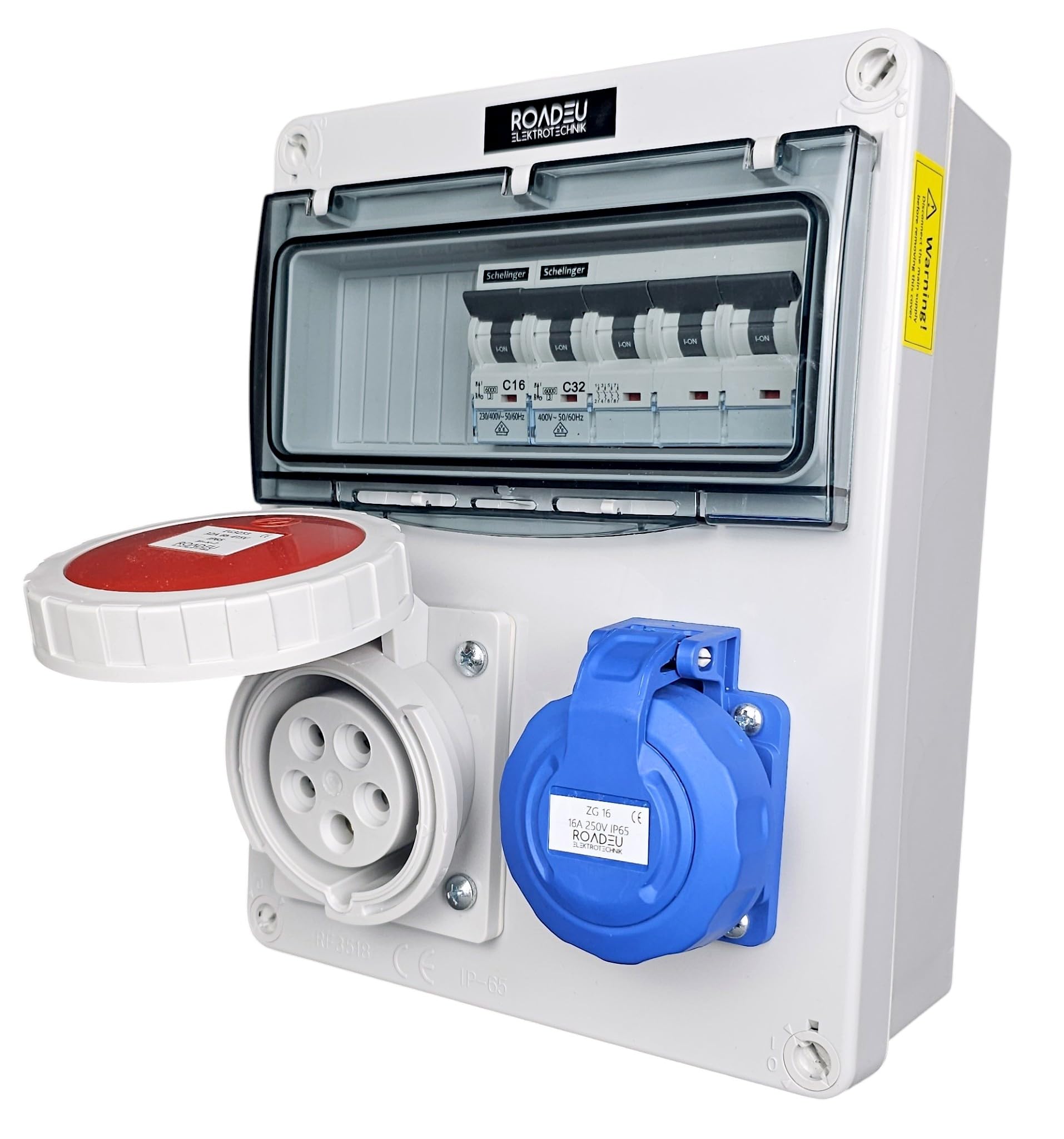 RoadEu Coffret de distribution IP65 CEE 32A 5P 400V & prise 230V 2P+T, coffret mural avec disjoncteurs C32A 4P + C16A 2P, prises à couvercle vissé