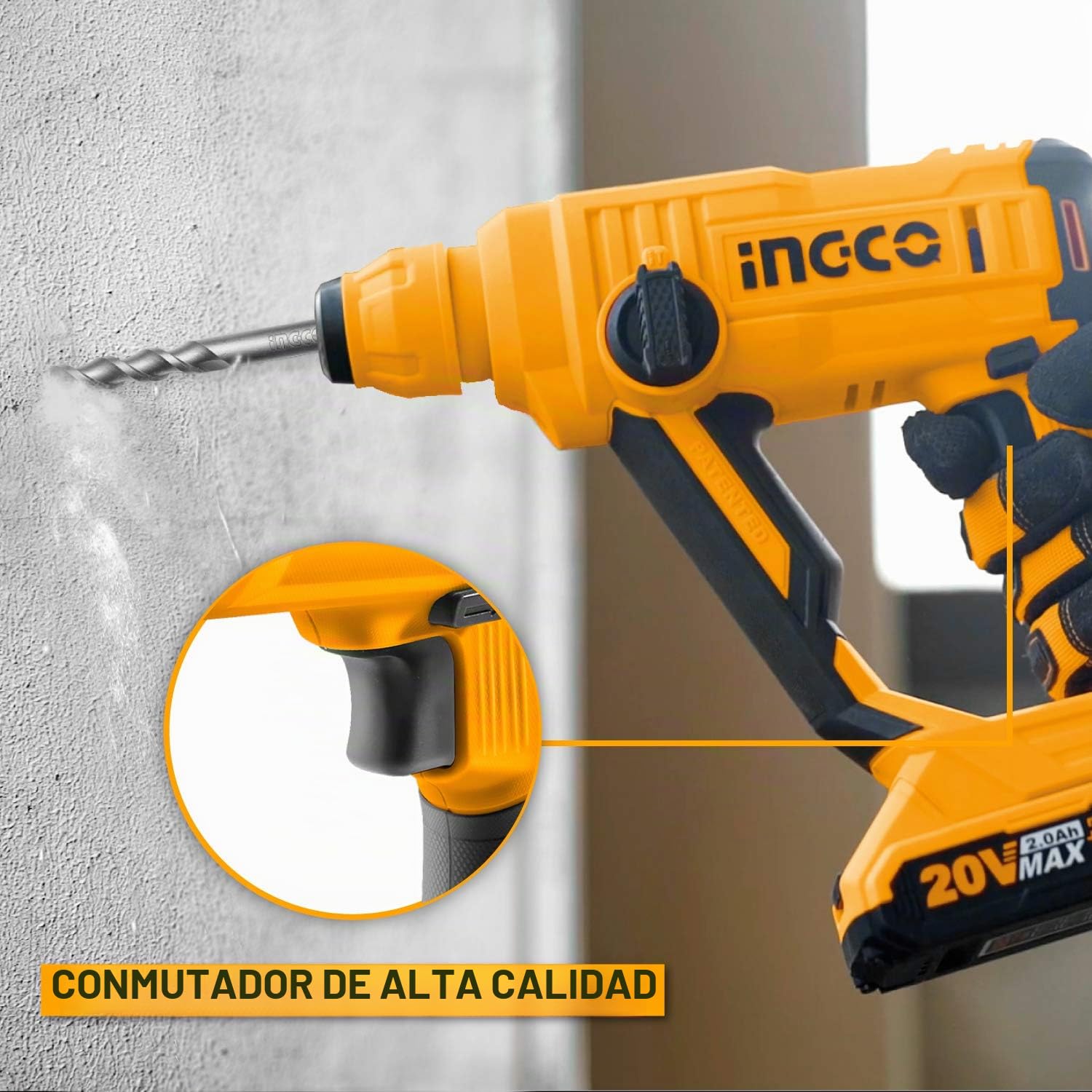Martillo Perforador Inalámbrica INGCO 20V 4.0 Ah Batería Professional con 3 brocas SDS-Plus, 1.5J Φ13 máxi en hormigón, 2 en 1 rotación, luz LED