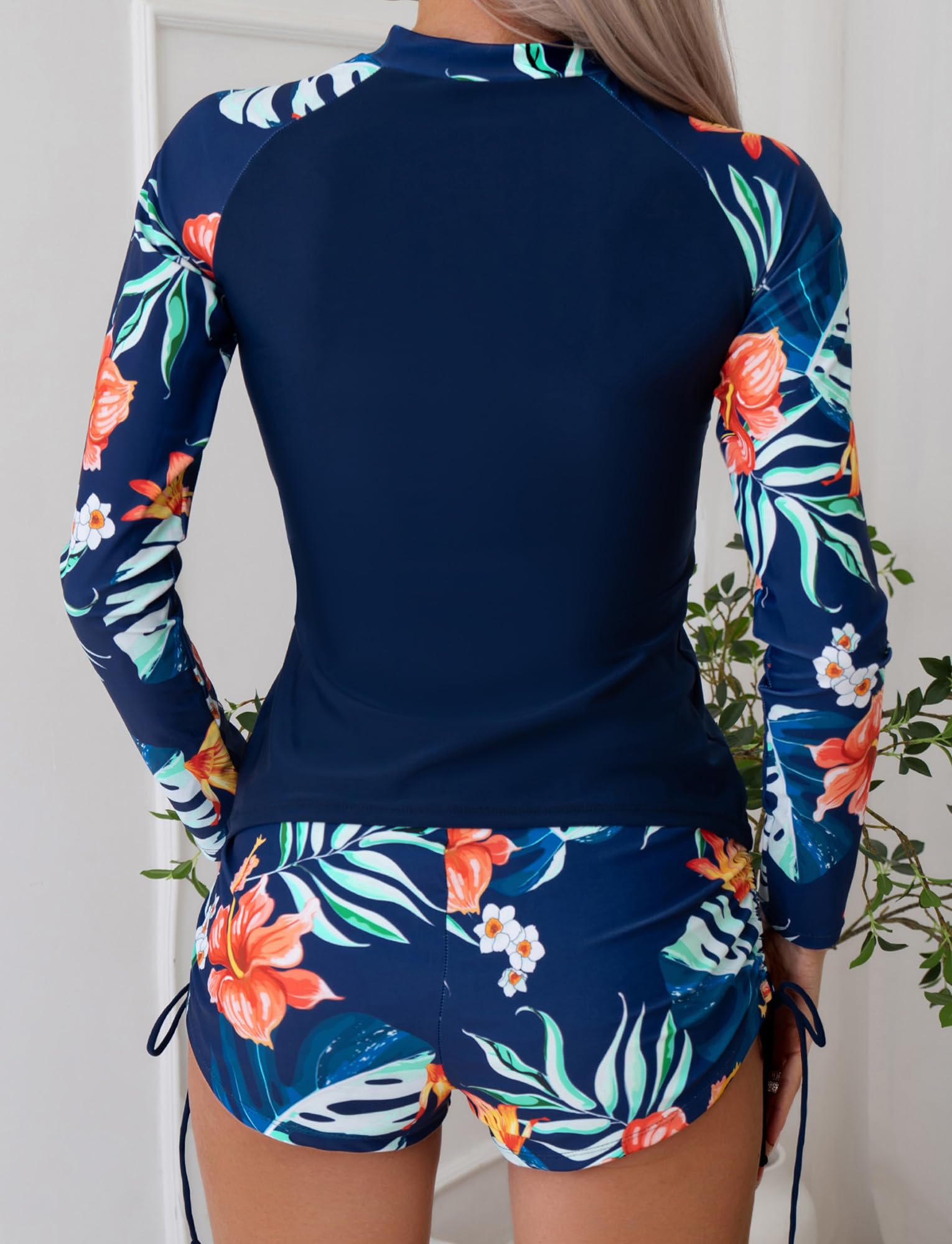Rashguard - Costume da bagno da donna, a due pezzi, a maniche lunghe, protezione UV, surf, bikini tropicale con top e pantaloncini