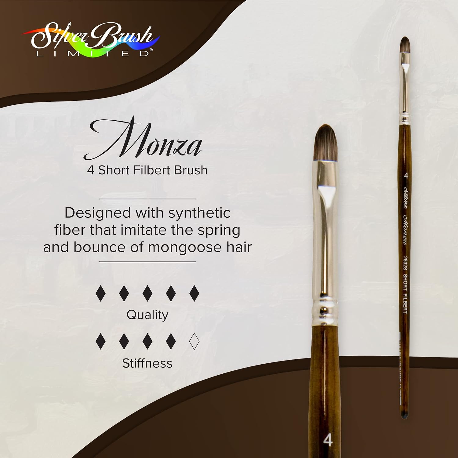 Silver Brush 2632S-4 Monza Short Handle Synthetic Mongoose Brush, Short Filbert, Size 4
