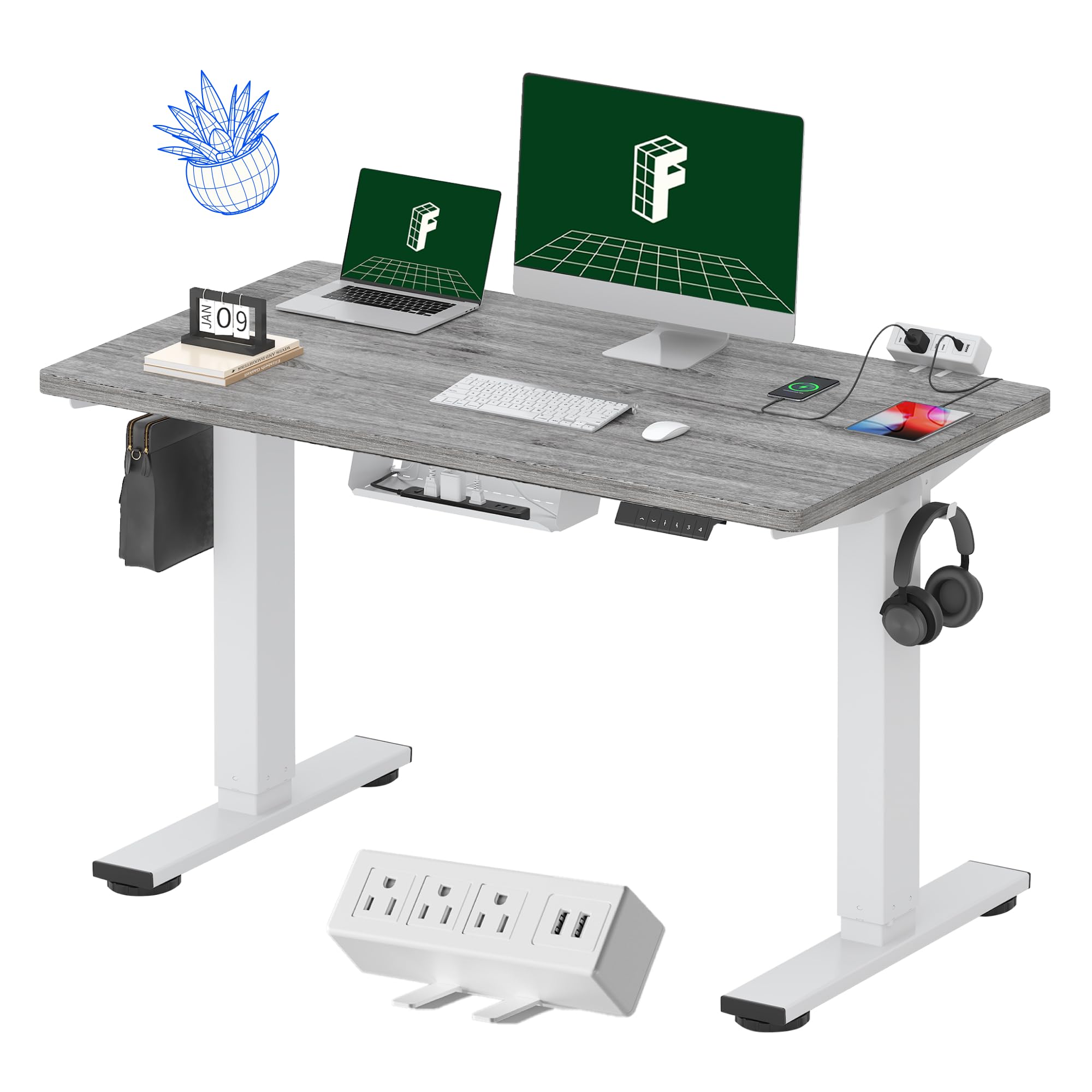 FLEXISPOT EN2 Whole-Piece Standing Desk with Clamp Power Strip, 48 x 24 Electric Stand Up Height Adjustable Desk with Cable Management (White Frame +