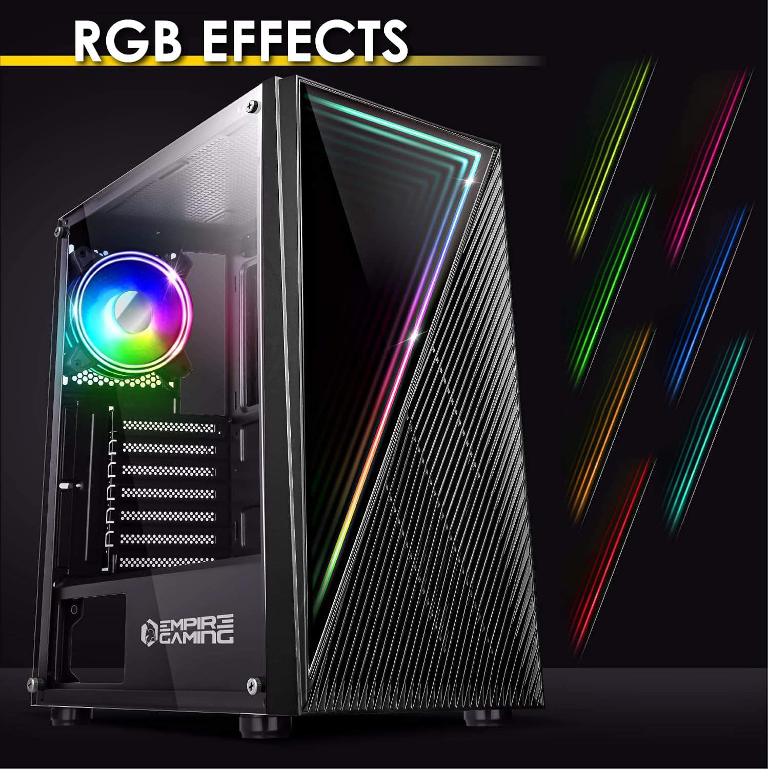 The EMPIRE GAMING Crystal ARGB PC case displaying various RGB lighting effects on its front panel and internal fan.