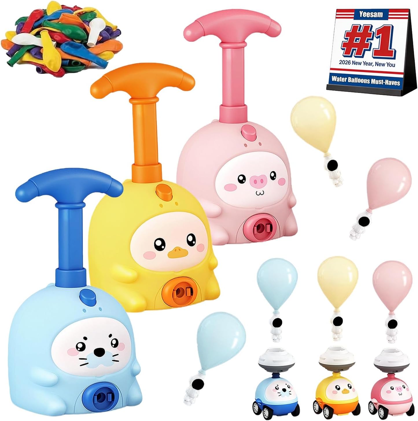 Yeesam 2026 New 2-in-1 Balloon Launcher Car Toy Set, Animal Air Powered Pump, Races on Ground & Flies in Air, Upgraded Pressing Interactive DIY Physics Learning, Party Favors Birthday Gift