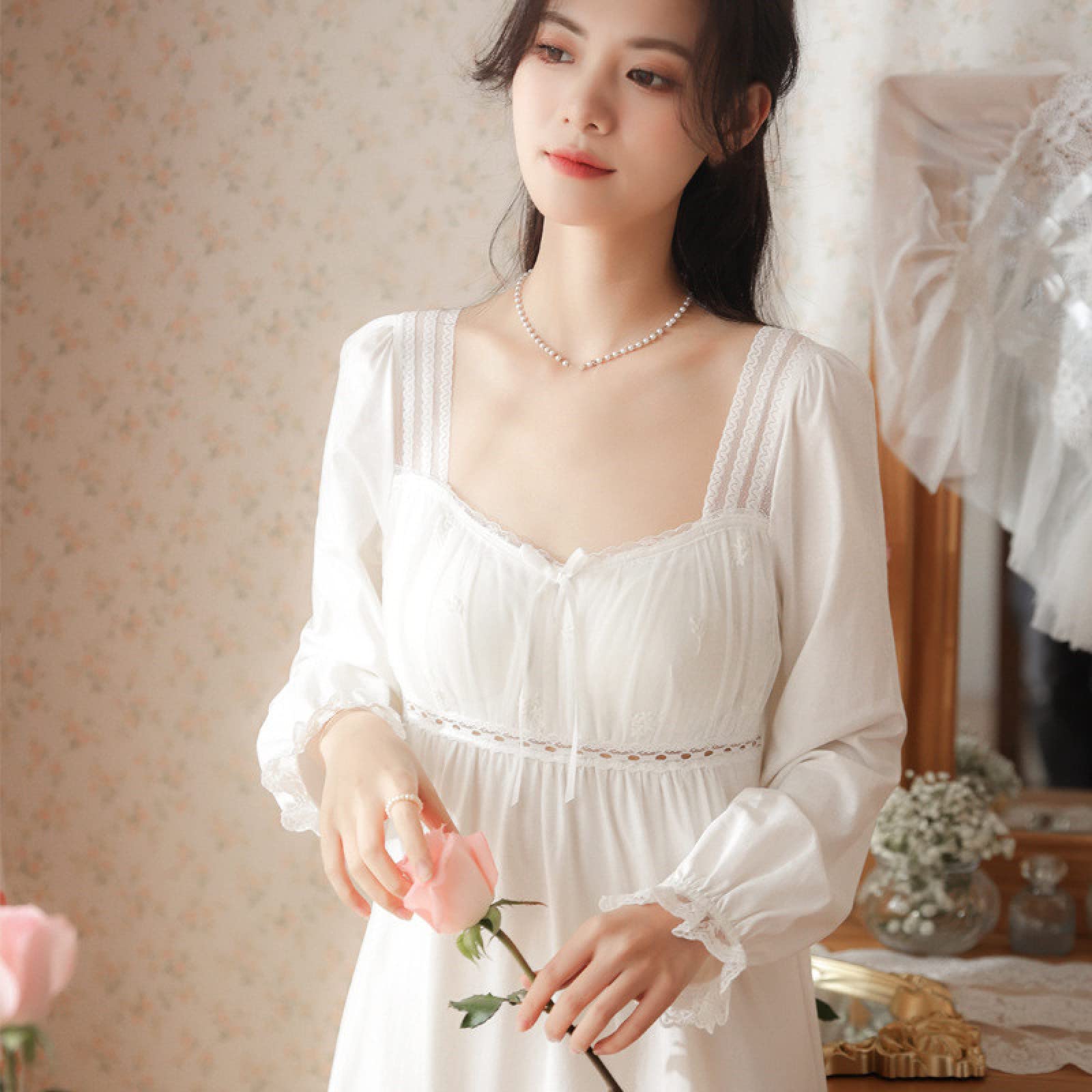 OFFSUM Camisón De Pijama De Mujer - Vestido Clásico De Algodón Primavera Verano Sexy Encaje Cuello Cuadrado Princesa Ropa De Dormir Vintage Elegante Lencería Camisón Ropa