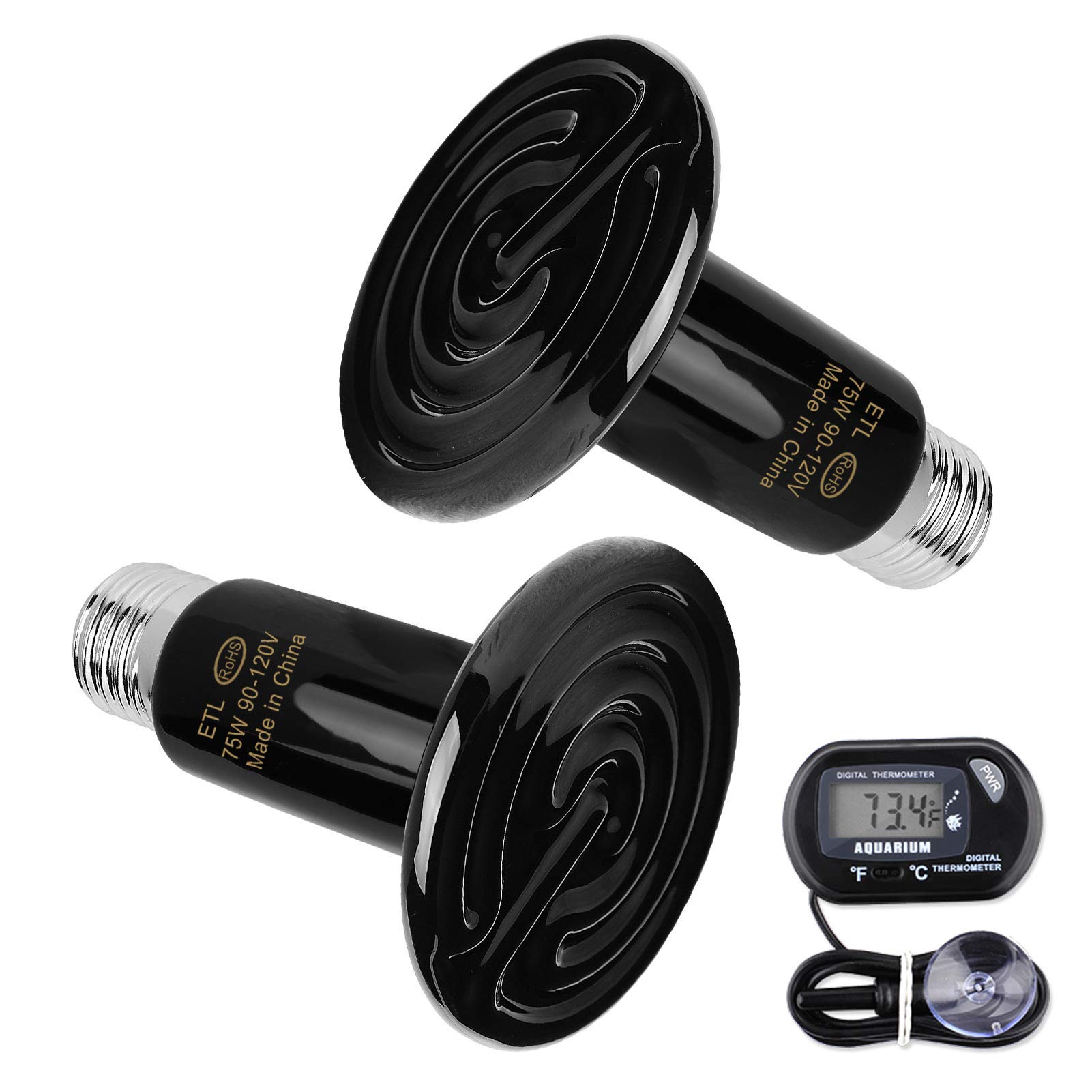 OMAYKEY 2-Pack 75W Ceramic Heat Lamp with 1-pcs Digital-Thermometer, Infrared Heat Emitter Bulbs for Reptiles, Amphibians, Chicken Brooder Coop Lizard