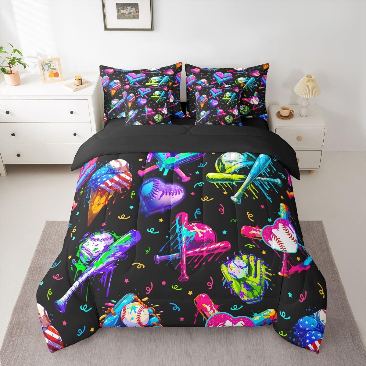 Kids Baseball Cream 7 Piece Bedding Set Queen Size Ice Cooling Bed in a Bag For Boys Girls Teens Bedroom Decor Baseball Gaming Comforter Set with Sheets,Pillowcases & Cushion Cover Sports Microfiber