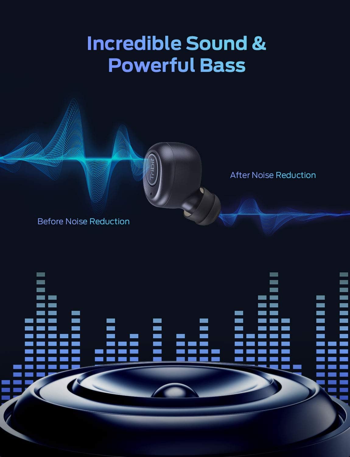 Tribit X1 Wireless Earbuds - Bluetooth 5.0 3D Stereo Deep Bass 18Hrs Playtime Bluetooth Earbuds for Sports Running, True Wireless Earbuds with Built-in Mic Charging Case Noise Cancelling, Grey Black