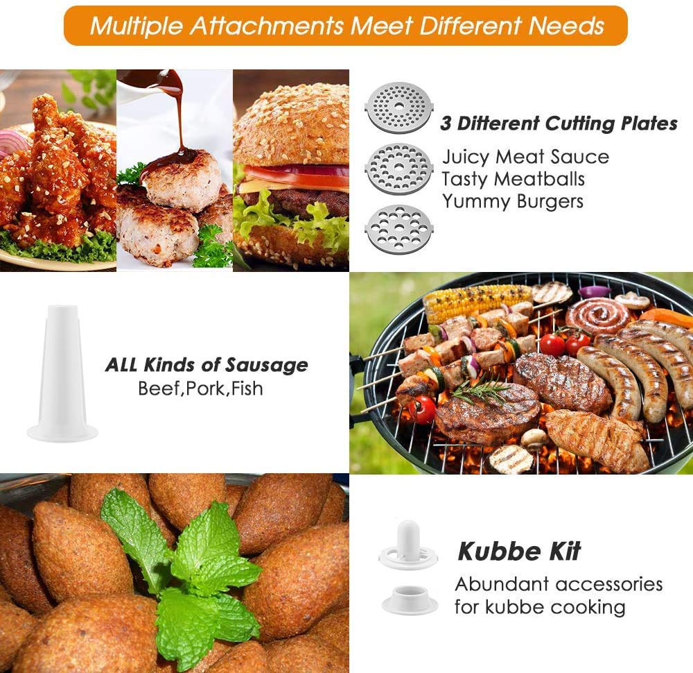 Picadora de carne eléctrica profesional de 2000 W, con relleno de salchichas y accesorio para galletas, máquina de embutidos, máquina de carne con 3 discos perforados para carne picada, mett y