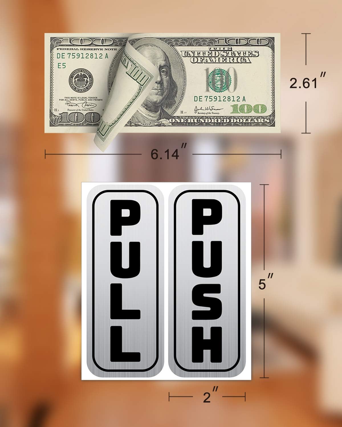 2 Set 4pcs Push Pull Door Sign Stickers, Metal like Brushed Silver, 2"x5" Vertical, Back Adhesive, Waterproof and Fade Resistant, Thick Premium Quality Vinyl, for Business, Stores, Cafes, Shops.