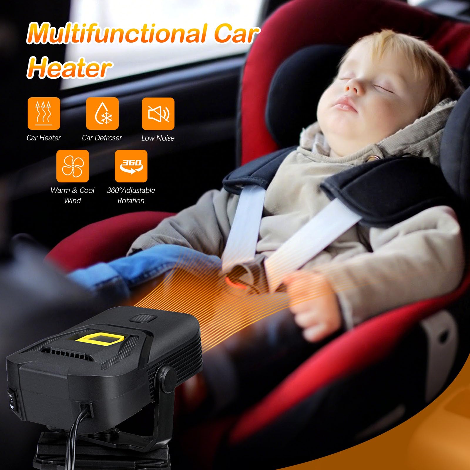 Riscaldamento 12V per Auto Portatile Stufetta per Auto Sbrinatore Parabrezza Auto con Rotazione a 360° Ventola di Riscaldamento/Raffreddamento da 2 in 1 Demister Anticuolino per Tutti i Veicoli