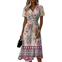 Womens Summer Spring Short Sleeve Midi Dress Plus Size Flowy Casual Vneck Ruched Elegant Formal Floral A Line Dress
