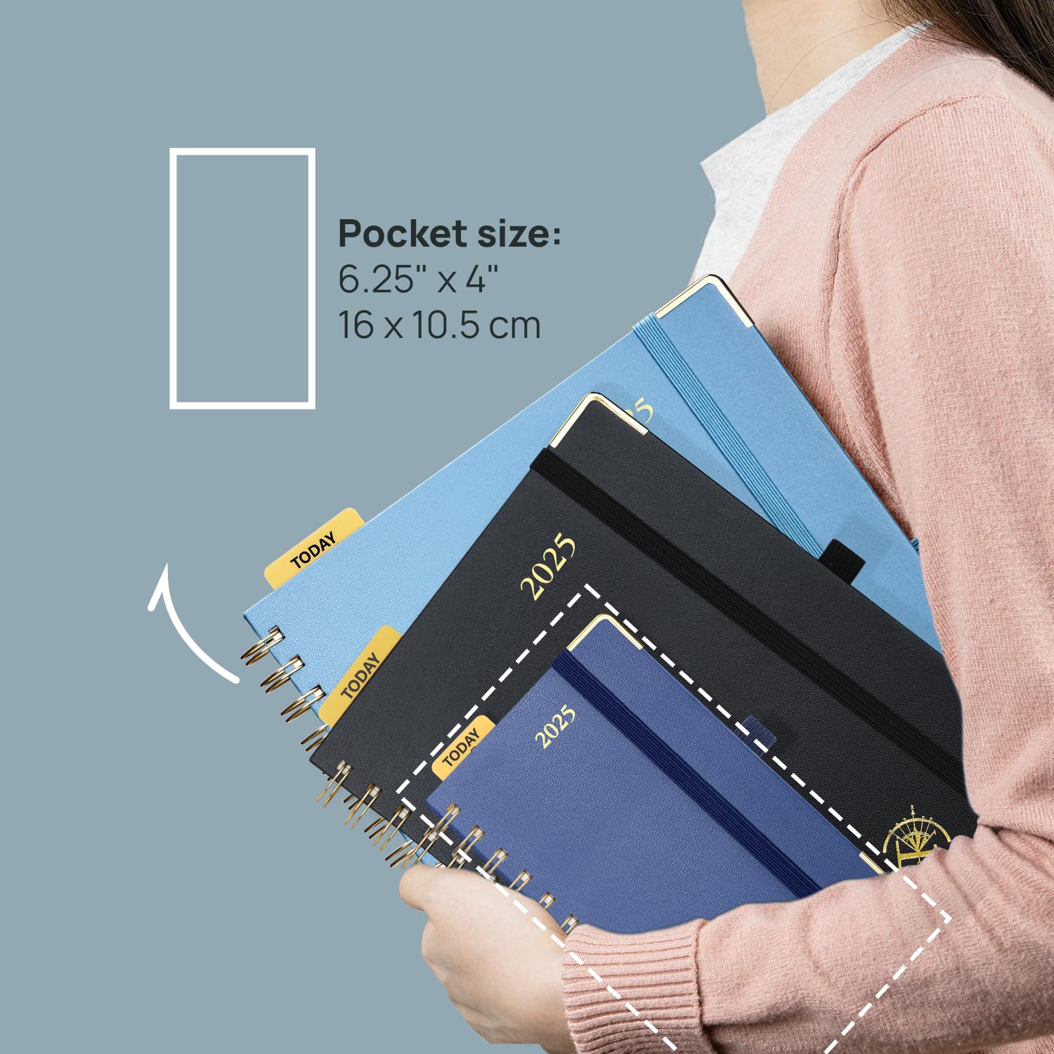 POPRUN Agenda Settimanale 2025 Piccola Spirale 16 x 10,5 cm, Copertina Rigida, Agenda 2025 Tascabile con Angolo di Protezione in Oro, Carta Spessa da 100 GSM, Verde Mezzanotte