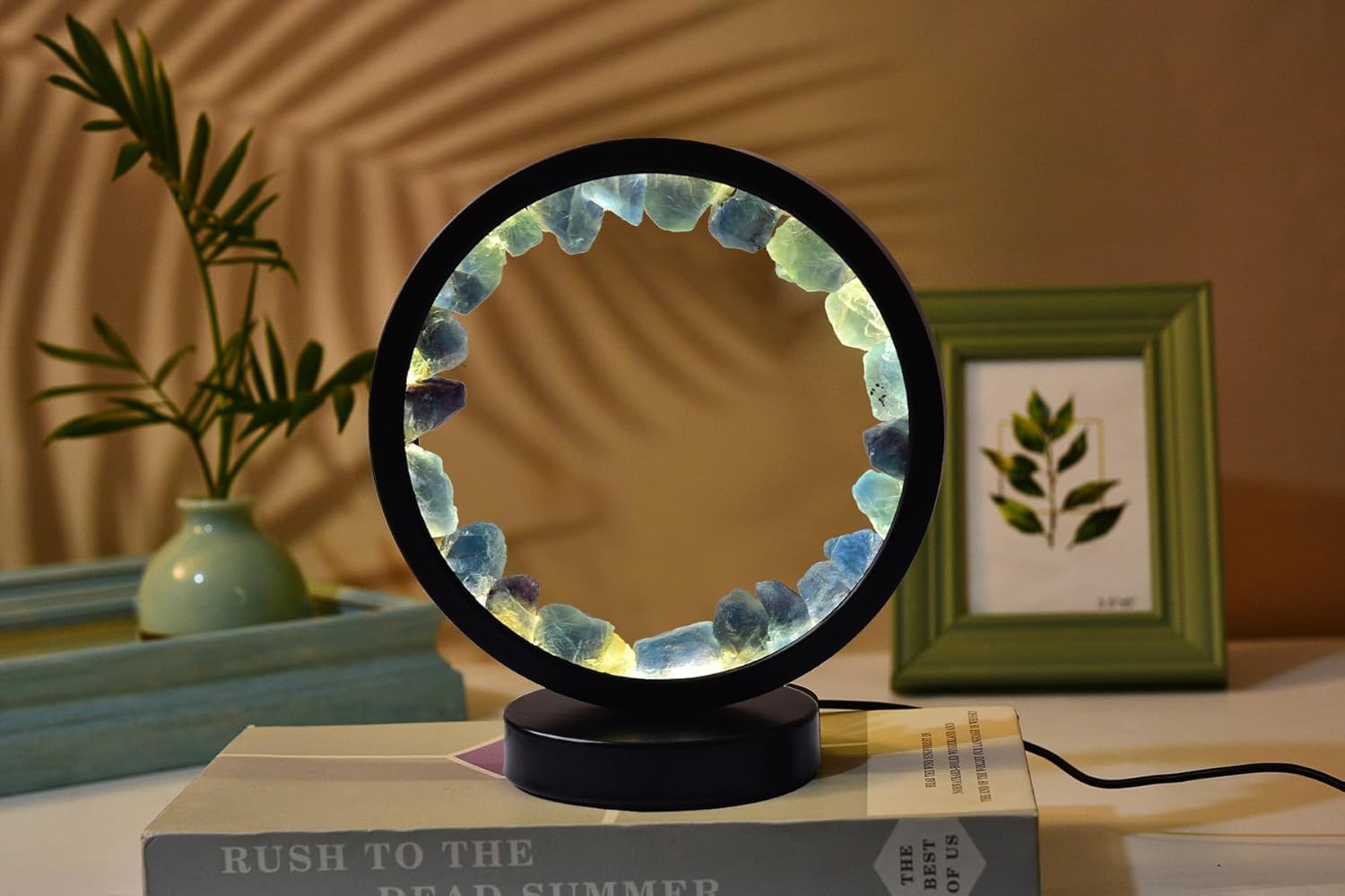 AMOYSTONE Natural Blue Fluorite Crystal Lamp, USB Powered 3-Color Adjustable Rock Night Light 7.5", Bedside Meditation Lamp for Bedroom Office Home Zen Decor