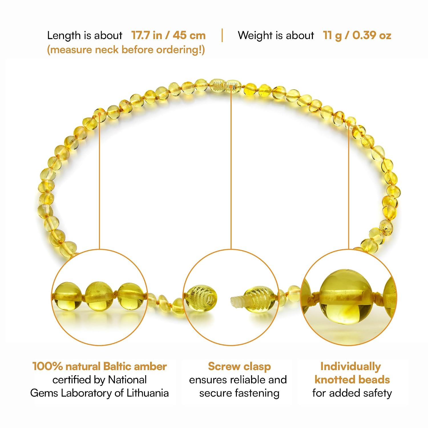 Amber Guru Baltic Amber Necklace for Women and Men (Authentic, Certified) - 17.7 Inches, Polished Beads - Handcrafted Unisex Amber Bead Jewelry for Adults - Image 2