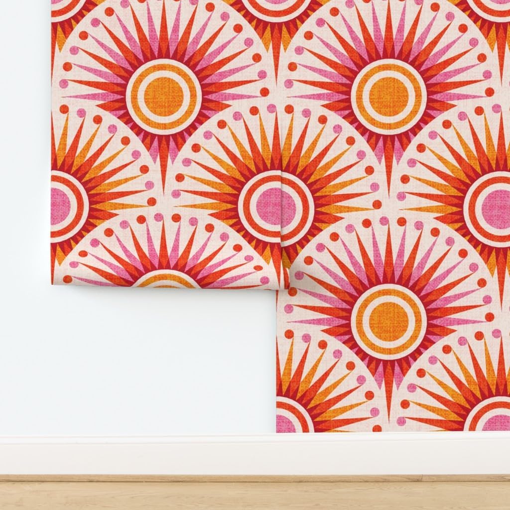 Spoonflower Peel & Stick Wallpaper 3ft x 2ft - Retro Orange Sun Boho Pink Red Yellow Sunset Sunrise Large Scale Custom Removable Wallpaper