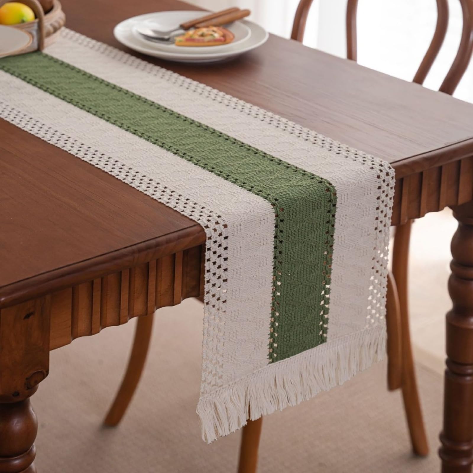 Tischläufer Modern Polybaumwolle, Tischläufer Hochzeit 33x450 cm, Zweifarbig Grüne Häkel mit Quasten