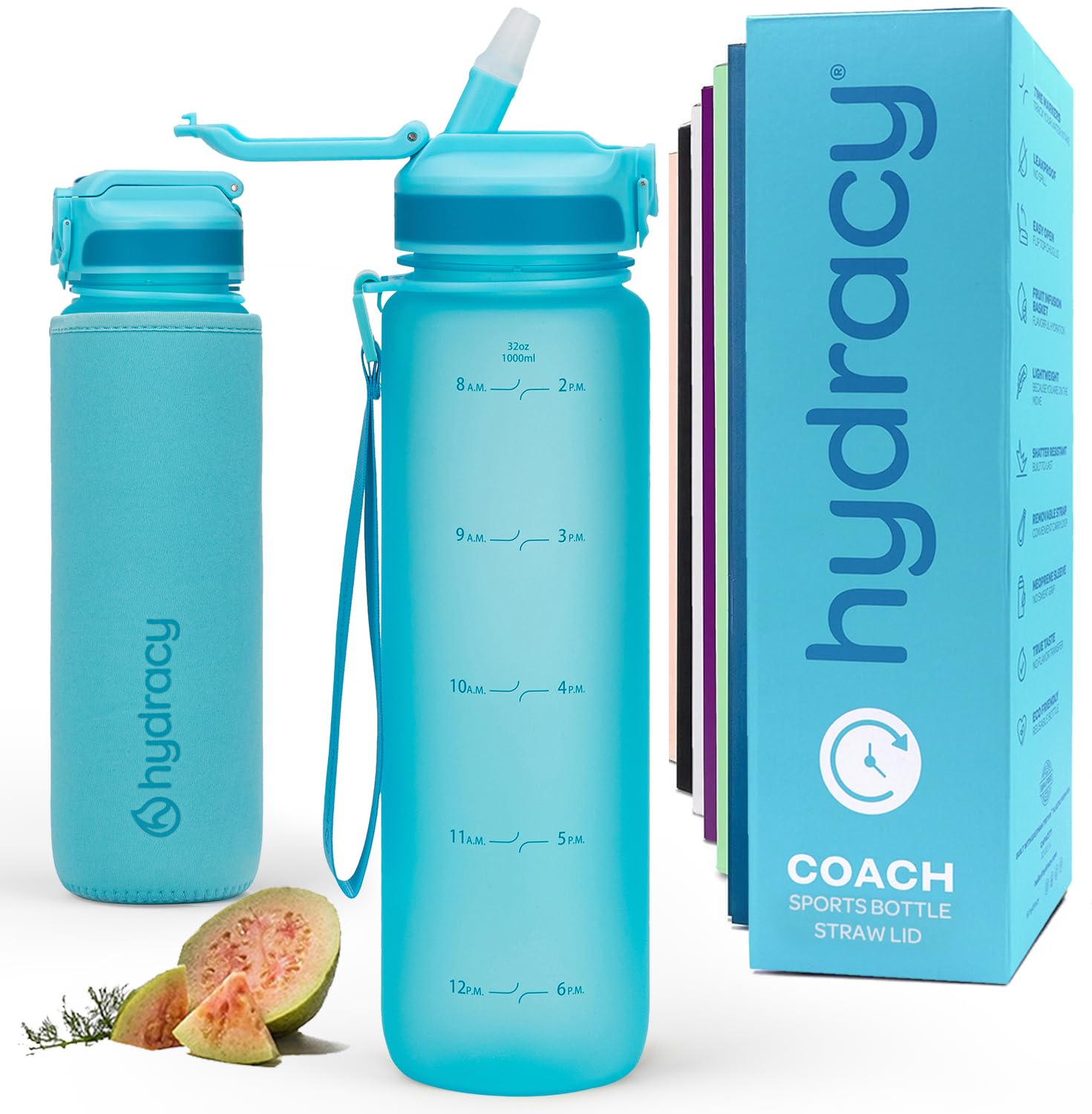 Hydracy Water Bottle with Time Marker -Large BPA Free Water Bottle & No Sweat Sleeve -Leak Proof Gym Bottle with Fruit Infuser Strainer & Times to