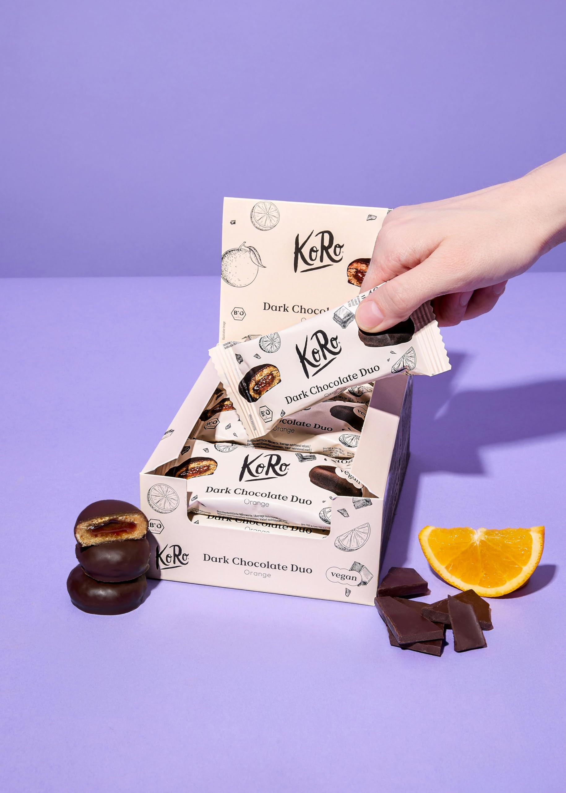 KoRo - Bouchées de chocolat noir bio à l'orange 12 x 2 x 20 g - Base d'avoine et de noix de cajou - Garniture fruitée à l'orange - Vegan