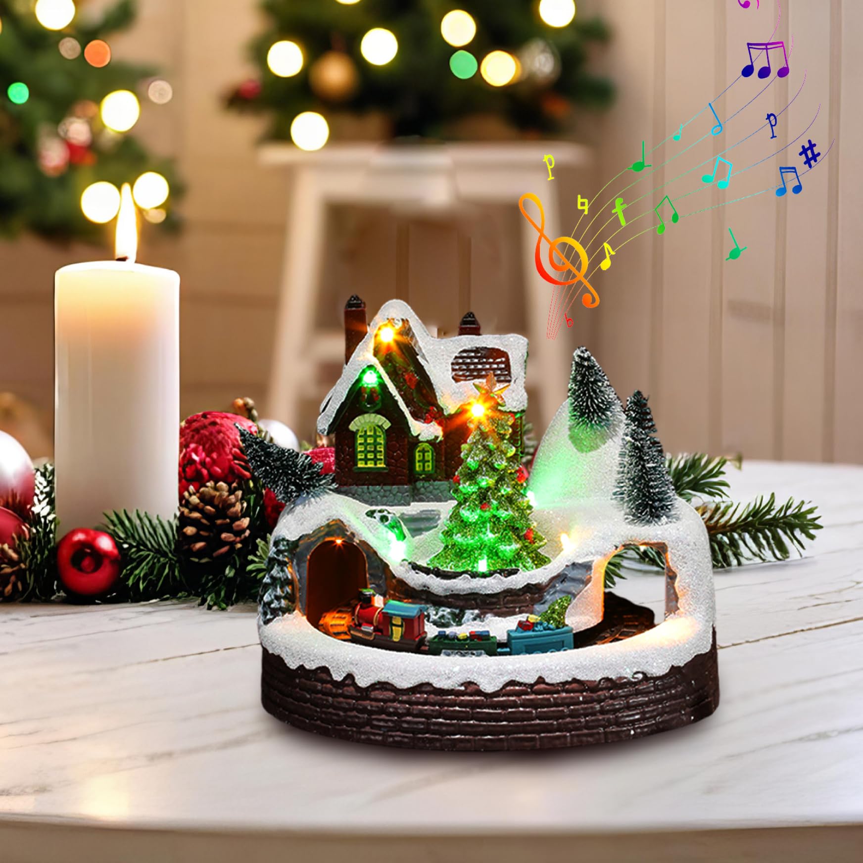 Figuras de Pueblo navideño con Tren Giratorio y árbol de Navidad Casa de Pueblo navideño de Resina con música y luz LED para decoración del hogar de Fiesta
