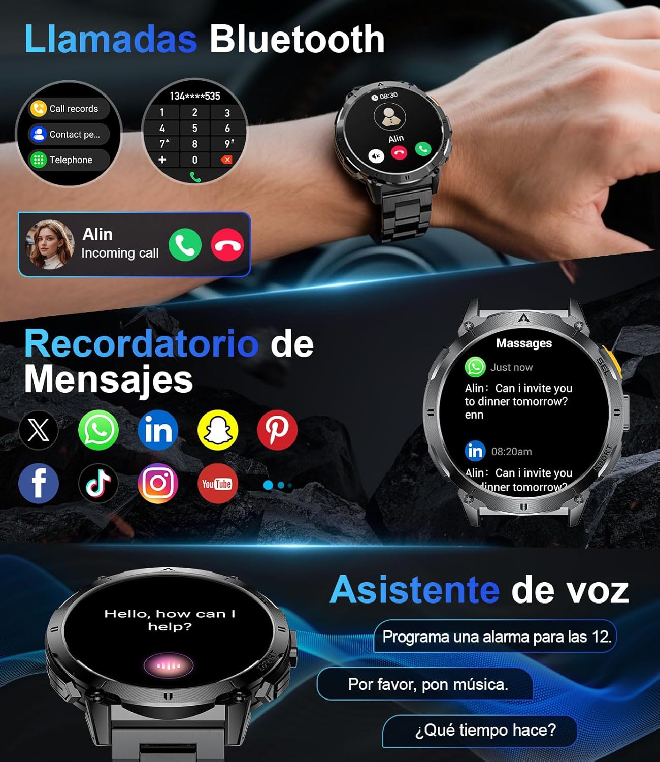 LIGE EF14-B Smartwatch showing Bluetooth calls, message reminders, and voice assistant