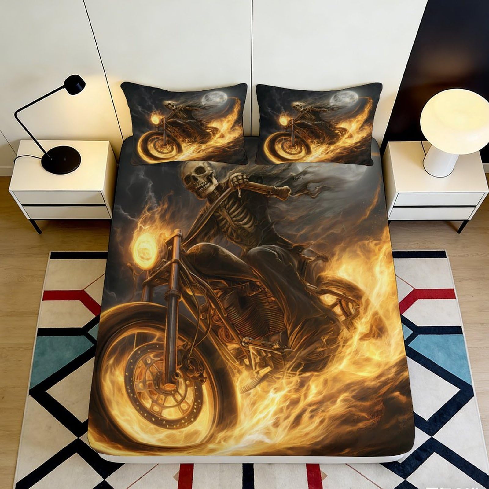 3D Printed Flaming Skeleton Motorcycle Fitted Sheet Microfiber Soft Durable Ghost Rider Bed Cover for Bedroom Dormitory Guest Room Mattress Protection 180x200x25cm