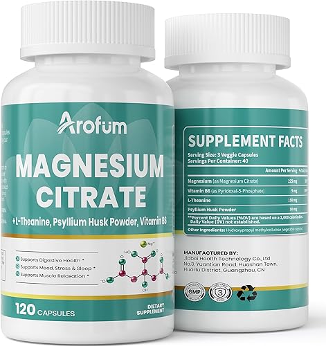 Miniatura 1 de Cápsulas de citrato de magnesio para apoyar el sueño y el estreñimiento, complejo de magnesio vegano con L-teanina y vitamina B6 para una alta