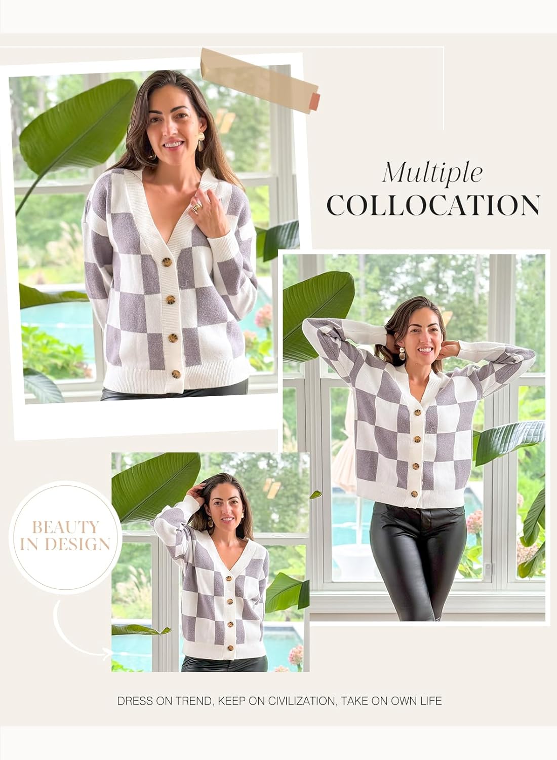 Dokotoo Womens Plaid V Neck Button Down Long Sleeve Cable Knit Oversized Cardigan Sweaters Tops - Image 5