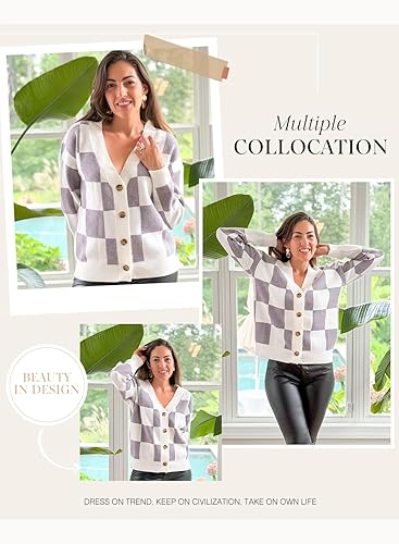 Miniatura 5 de Dokotoo - Suéter de punto trenzado, de manga larga con cuello en V a cuadros, estilo holgado para mujer