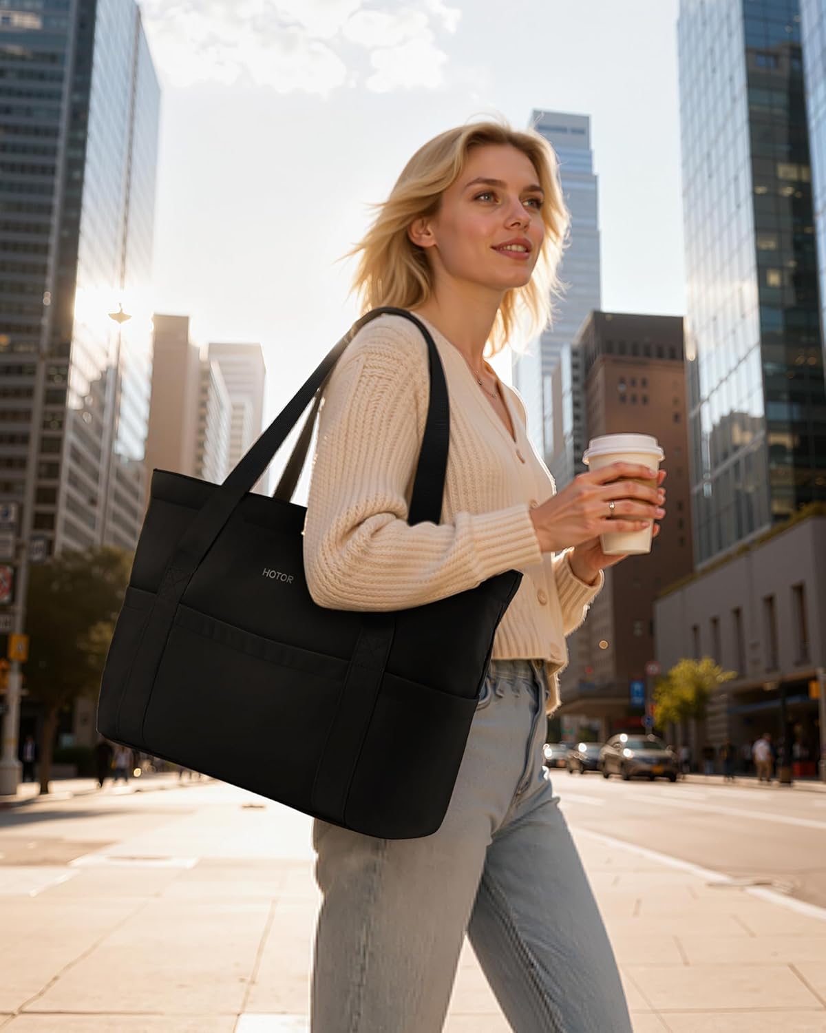 HOTOR Tote Bag for Women - Foldable Lightweight Tote Bags with Zipper, Large Shoulder Bag Top Handle Handbag for Travel, Work - Image 2