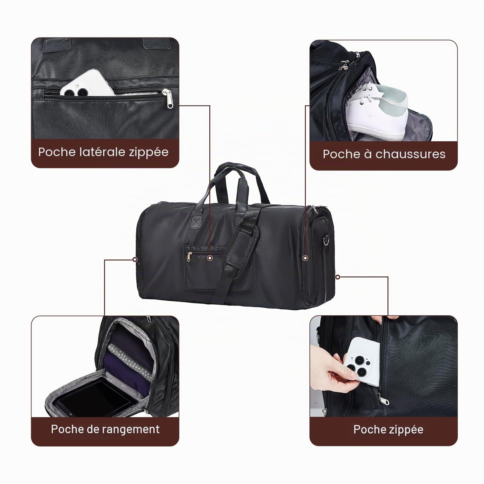 SINZUX 60L Housses de Costume de Voyage Housses de Vêtements avec bandoulière, 3 en 1 Convertible Housse Costume Homme, imperméable Sac de Sport Poches de Rangeme Sac de Protection pour Costumes