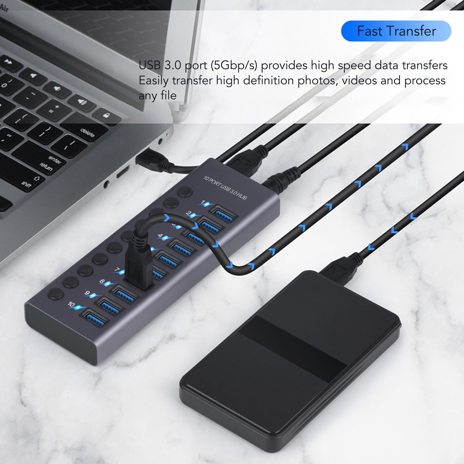 USB 3.0 Hub Danych, 10 Portów, 60W (wtyczka UE) | Indywidualny przełącznik USB rozdzielacz, zasilacz do laptopa, PC, konsoli do gier