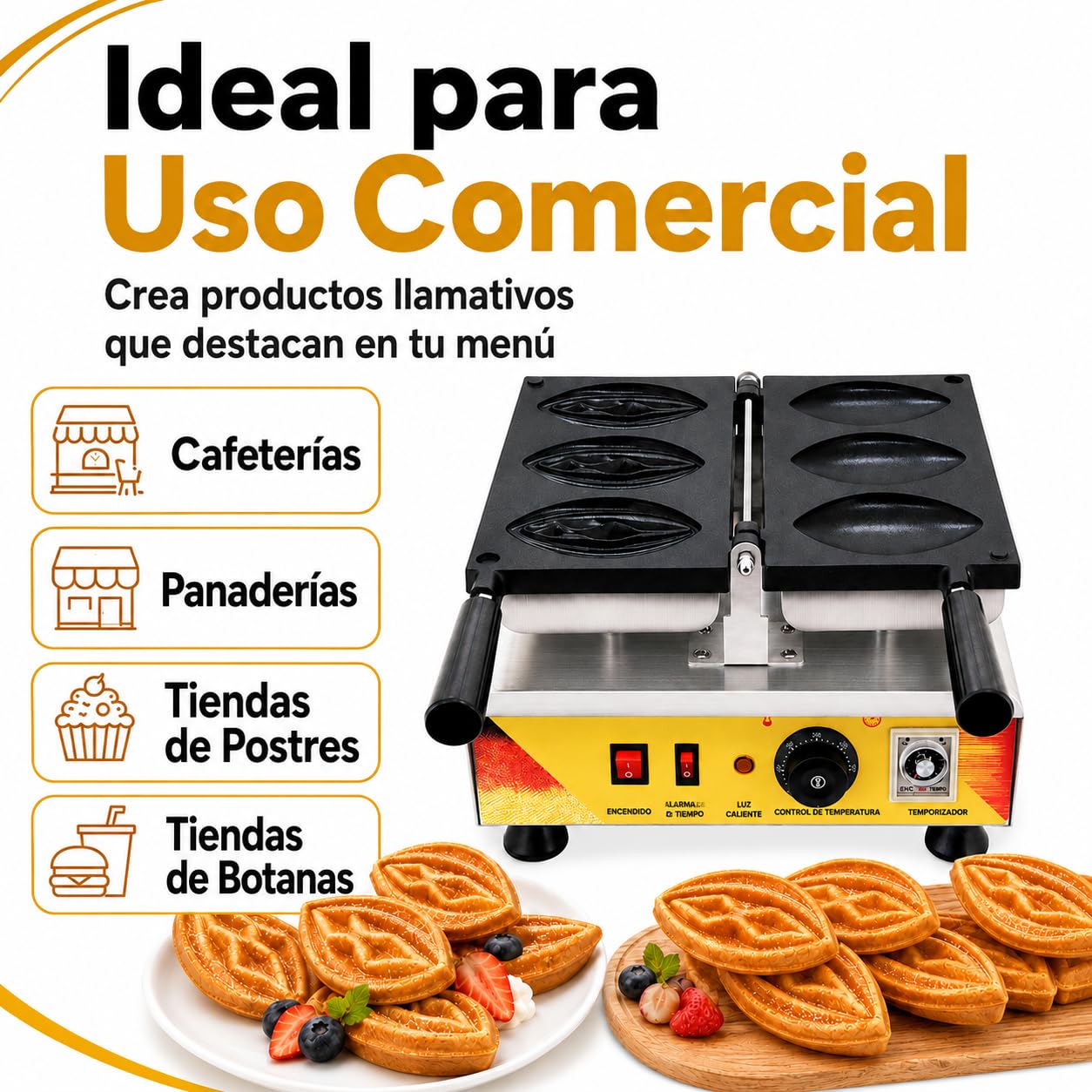 Gofrera Profesional 3 Moldes Diseño Creativo 1,56 kW | Control de temperatura regulable，Temporizador integrado，Calentamiento uniforme，Panel frontal sencillo