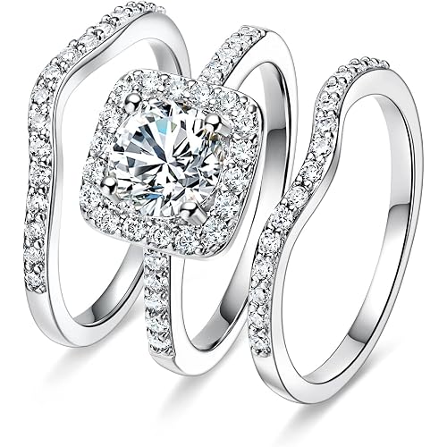 MDFUN 18K White Gold Plated Cubic Zirconia Three-in-One Halo Wedding Engagement Promise Eternity Ring for Women
