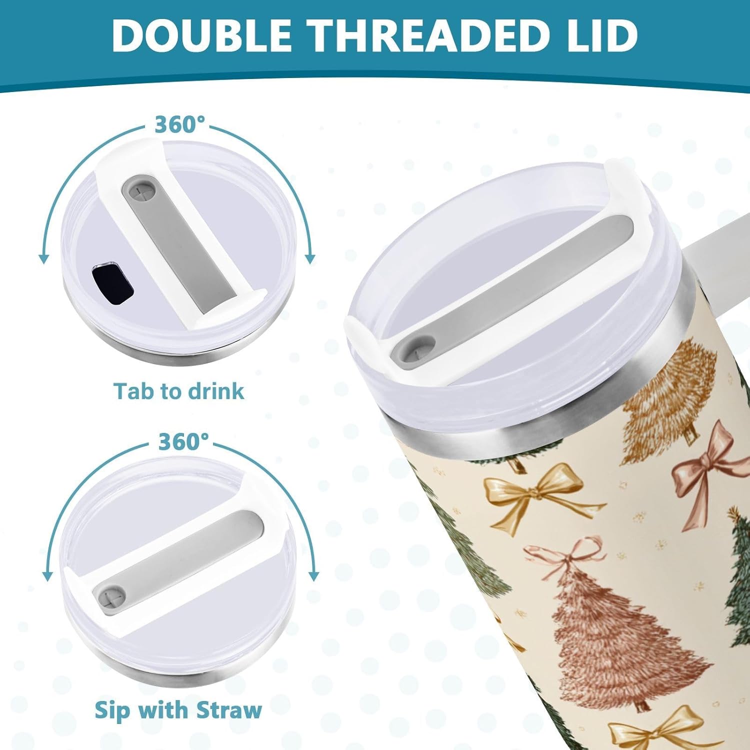 40 oz Tumbler Vintage Christmas Tree Bows Insulated Travel Mug with Handle and Straw Lid Stainless Steel Vacuum Coffee Cup Tea Beverage Container Water Bottles for Car Sports office