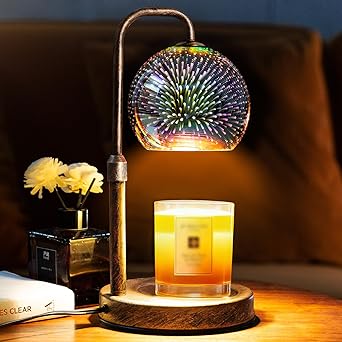 Glocusent Candle Warmer Lamp with Timer, 3D Glass Globe, Retro wood-grain metal base, Dimmable Height Adjustable Candle Warmer for Jar Candles, Home Decor & Gifts for Women, Firework patterns, 2 Bulbs