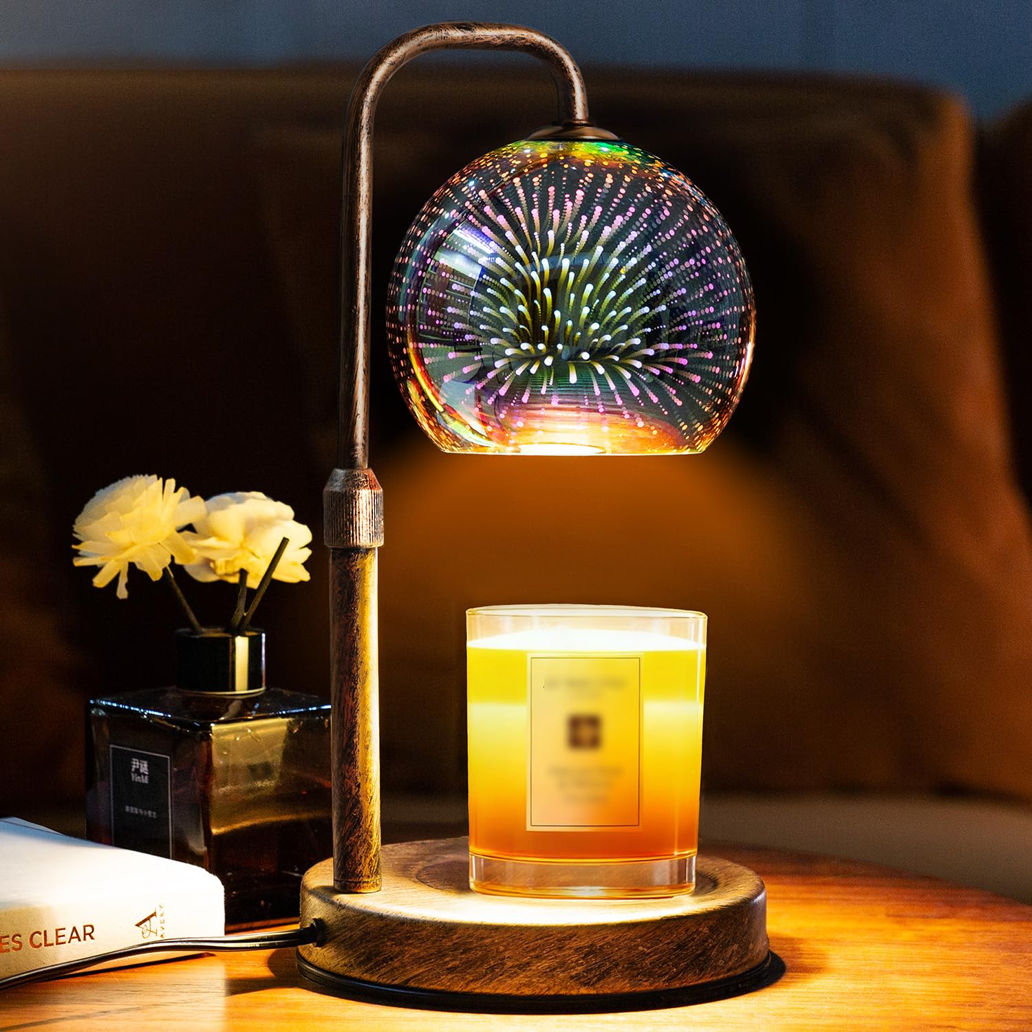 Glocusent Candle Warmer Lamp with Timer 3D Glass Globe Antique Base Dimmable Height Adjustable Wax Melter for Scented