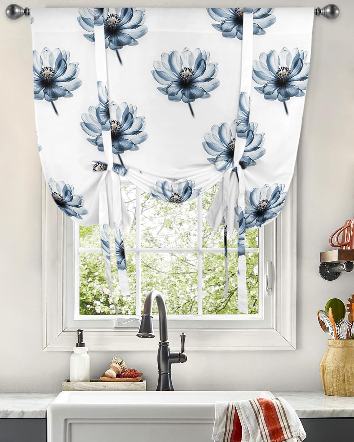 Tie Up Curtains Window Shades, Stereoscopic Flowers Watercolor Floral Rod Pocket Tie Up Window Shade, Adjustable Balloon Curtain Shade for Blinds Kitchen Bathroom, 1 Panel, 42"x45"