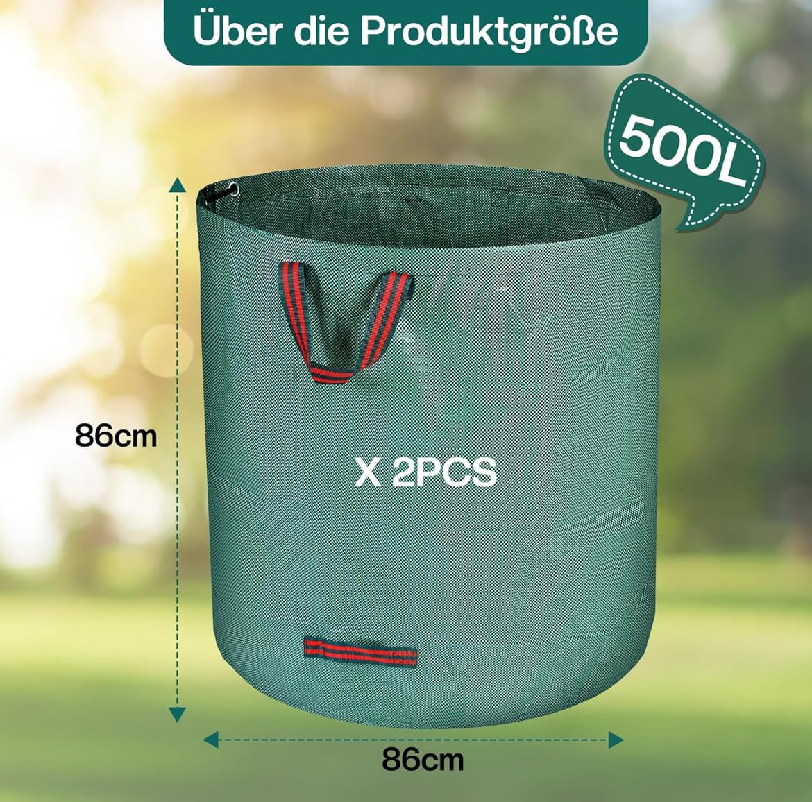 2 X 500L Sacchi Giardinaggio - Sacchi per Rifiuti da Giardino Pieghevole con Maniglie - Sacchi per Raccogli Foglie da Giardino, Impermeabile, resistente, Riutilizzabile