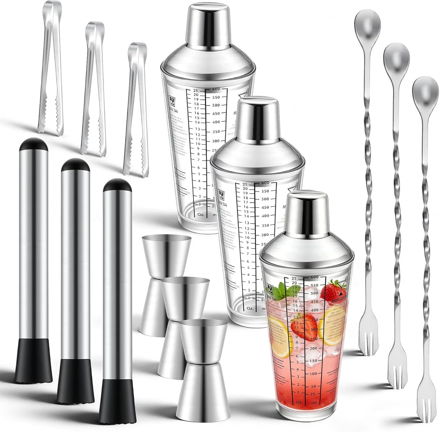 3 Pack Glass Cocktail Shaker Set, 23oz Bartender Kit with Built-in Strainer, Ice Tongs, Measuring Jigger, Muddler & Mixing Spoon, Professional Bar Tools for Home Bartending & Mixology